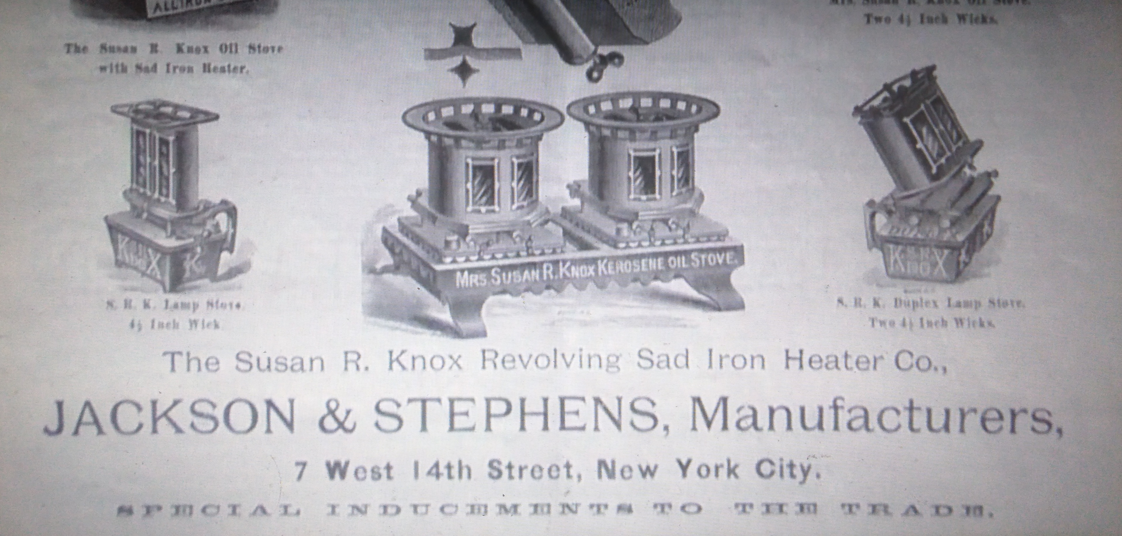 Irons museum. Collecting vintage irons. History of ironing. Музей утюга. Коллекционирование старинных утюгов. История глажения. Специальные утюги. Компания "Jackson & stephens"выпускала листовку в которой рекламируется "Вращающаяся подставка для подогрева" Сьюзен Нокс, а также упоминается запатентованная керосиновая печь, круглая печь и нагревательный барабан.